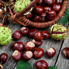 Leaves and fruits of chestnut on wooden table. Autumnal background