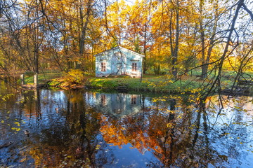 Children's house in autumn foliage in Alexander park, Tsarskoe Selo (Pushkin), St. Petersburg,...