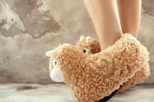 Feet Female Wearing Llama Trendy Slippers Soft Pastel Colours Beige