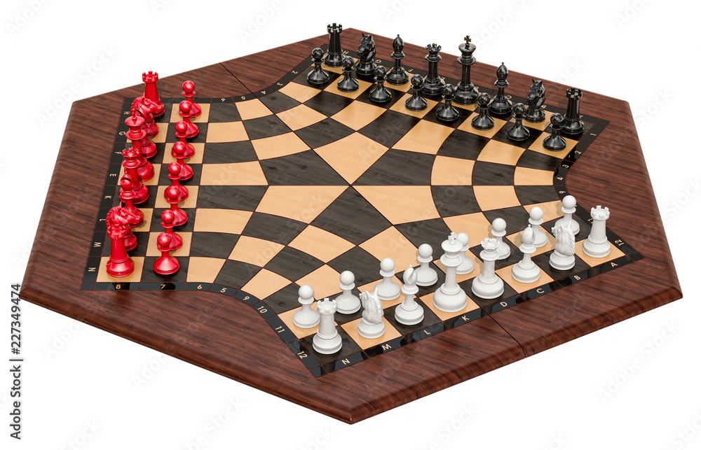 Poster 3 player chess or three man chess. 3d rendering