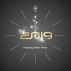 Fototapeta na wymiar Happy New Year 2019 champagne spark firework clock gold shining numbers black background