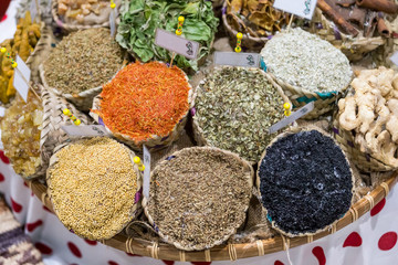 Dried herbs and spices at the spice local souq in Abu Dhabi, UAE
