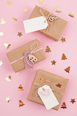 Flat lay of morden minimalist Christmas gifts and decoration in pastel colors