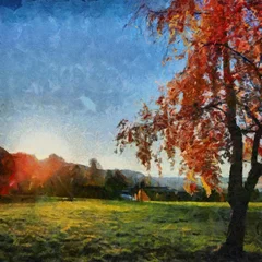 Handzeichnung Aquarellkunst auf Leinwand. Künstlerischer Großdruck. Ursprüngliche moderne Malerei. Acryl trockener Pinselhintergrund. Schöne gelbe Landschaft des Herbstwaldes. Wunderbare Reiseansicht. Schöner Sonnenuntergang. © Pavel