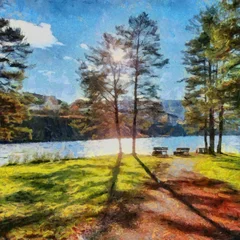 Handzeichnung Aquarellkunst auf Leinwand. Künstlerischer Großdruck. Ursprüngliche moderne Malerei. Acryl trockener Pinselhintergrund. Schöne Landschaft. Wunderbare Reiseansicht. Charmantes Resort. © Pavel