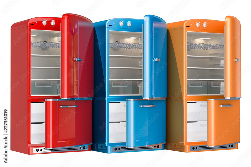 Poster opened colored fridges, retro design. 3d rendering