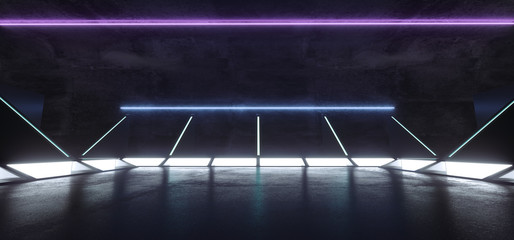 Fototapeta premium Futuristic Modern Sci Fi Dark Empty Spaceship Tunnel Corridor Room With Blue White Glowing Lights And Reflections With Blue Purple Neon Tubes Technology Concept 3D Rendering