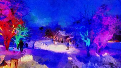 Obraz na płótnie Canvas Hand drawing watercolor art on canvas. Artistic big print. Original modern painting. Acrylic dry brush background. Beautiful winter forest landscape. Wonderful travel view. Charming snow resort.