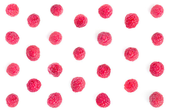 Pattern made from fresh raspberries, overhead view, flatlay isolated on white background