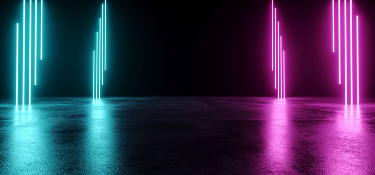 Empty Modern Sci Fi Futuristic Dark Room With Reflection Grunge Concrete Floor And Blue Purple Neon Glowing Electric Tube Shapes Lights With Black Background 3D Rendering © IM_VISUALS