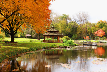 Fototapeta na wymiar Midwest nature background with park view. Beautiful autumn landscape with colorful trees around the pond and wooden gazebo in a city park. Lakeview park, Middleton, Madison area, WI, USA.