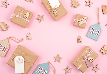 Flat lay of morden minimalist Christmas gifts and decoration in pastel colors