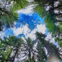 Hand drawing watercolor art on canvas. Artistic big print. Original modern painting. Acrylic dry brush background. Beautiful forest landscape. Wonderful travel view. Charming resort.