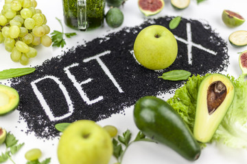 Concept of diet, word detox is made from black cumin seeds. Green smoothies and ingredients....