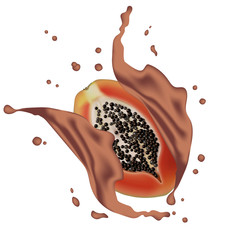 Vector ads 3d promotion banner, Realistic papaya  splashing with falling slice, cacao chocolate drops. Ice cream, yogurt coffee milkshake