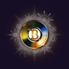 Golden bitcoin banner for Christmas and New Year. Digital Cryptocurrency. Vector. Technology style background
