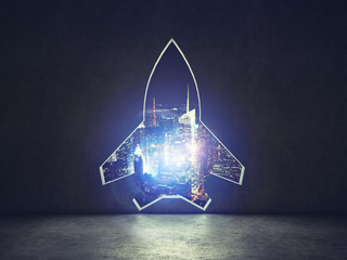 Concept of startup with a rocket shape hole in the wall which alludes to the departure towards new...