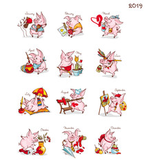 New Year. Calendar with pigs. Chinese New Year. 12 months with funny piglets. Pig is a symbol of the 2019