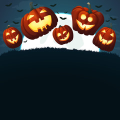 Smiling pumpkins jumping on a grass. Spooky dark blue background with full moon, clouds and bats.Halloween poster design.