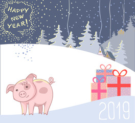 The symbol of the new 2019, two pigs in love in scarves and a Happy New Year greetings