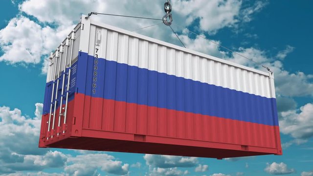 Container with flag of Russia. Russian import or export related conceptual 3D animation