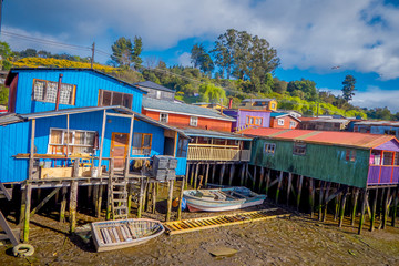 Fototapeta na wymiar Houses on stilts palafitos in Castro, Chiloe Island, Patagonia