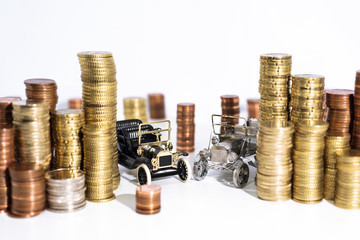 Abstract photo of car price rising. Car model isolated on white background.