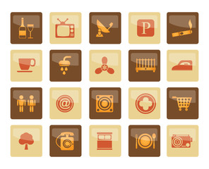 Hotel and Motel objects icons over brown background - vector icon set