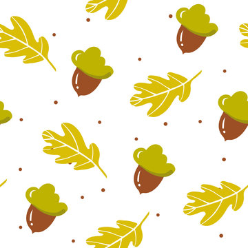 Autumn pattern with cute acorns, oak leaves and points on white background. Ornament for textile and wrapping. Vector.