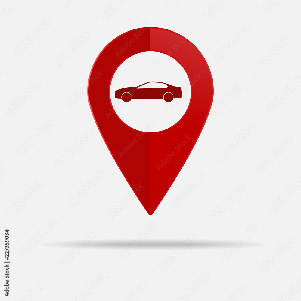 Poster map pointer icon with illustration car. positioning car on gray background. layers grouped for easy 
