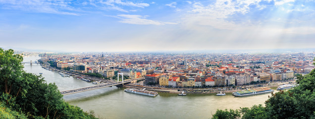 View from above on the Budapest city, historical district and Danube river in Hungary, panoramic view