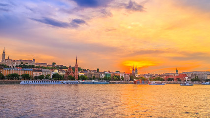 Colorful sunset over the historical district of Budapest city in Hungary