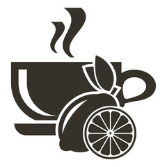 Icon cup of hot tea with lemon flavor. Logo in flat style