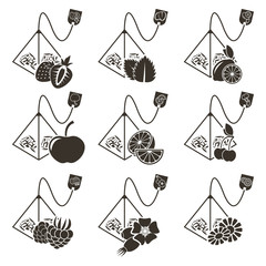 Set of 9 icons of tea bags-pyramids with different flavors of berries, fruits and herbs. Vector isolated logos on white background.