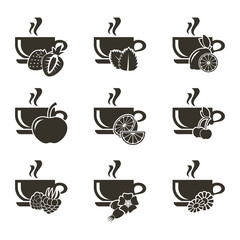 A set of 9 icons of cups of tea with different flavors of berries, fruits and herbs.