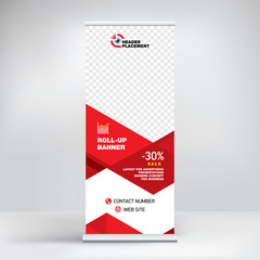 Roll-up design, modern graphic style, banner for advertising goods and services, stand for exhibitions, presentations, conferences, seminars. Abstract red background. Template for photos and text.