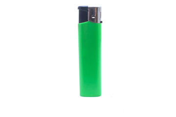 Green disposable lighter on white isolated background