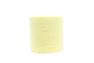 Yellow toilet paper on a white isolated background.