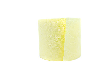 Yellow toilet paper on a white isolated background.