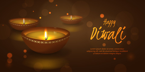 Vector festive horizontal illustration for Indian Hindu holiday Deepavali with 3D realistic oil lamp and effect bokeh. Dark background for banner for festival of lights with text Happy Diwali and diya