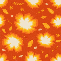 Seamless pattern with maple leaves and autumn flower Vector illustration in Orange, Beige, and Yellow. Perfect for wallpaper, gift paper, pattern fills, background, autumn greeting cards