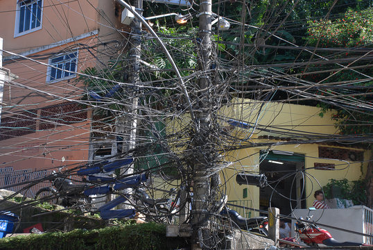 A mass tangle of electrical wires in a favella in Rio de Janiero, Brazil
