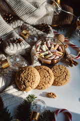 Winter hot drink. Chocolate or cocoa with marshmallow, cookies, candy on white background.