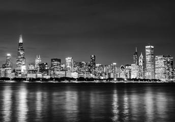 Fototapeta na wymiar Black and White Chicago Skyline at Night
