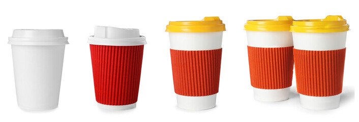 Set with blank paper coffee cups on white background. Mockup for design