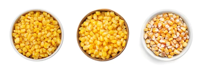 Selbstklebende Fototapeten Set with bowls of sweet corn kernels on white background © New Africa