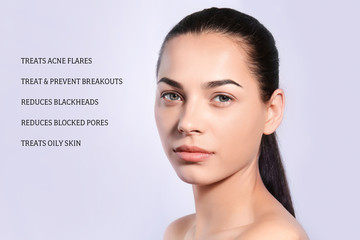 Beautiful woman with perfect eyebrows on light background