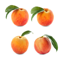 Set with juicy ripe peaches and green leaves on white background