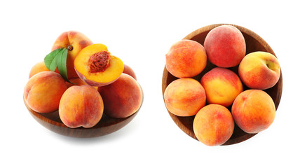 Fototapeta na wymiar Set with juicy ripe peaches on white background