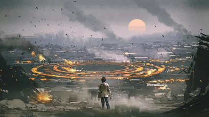 Foto op Plexiglas post-apocalypsscène met de man die in de verwoeste stad staat en kijkt naar mysterieuze cirkel op de grond, digitale kunststijl, illustratie, schilderkunst © grandfailure